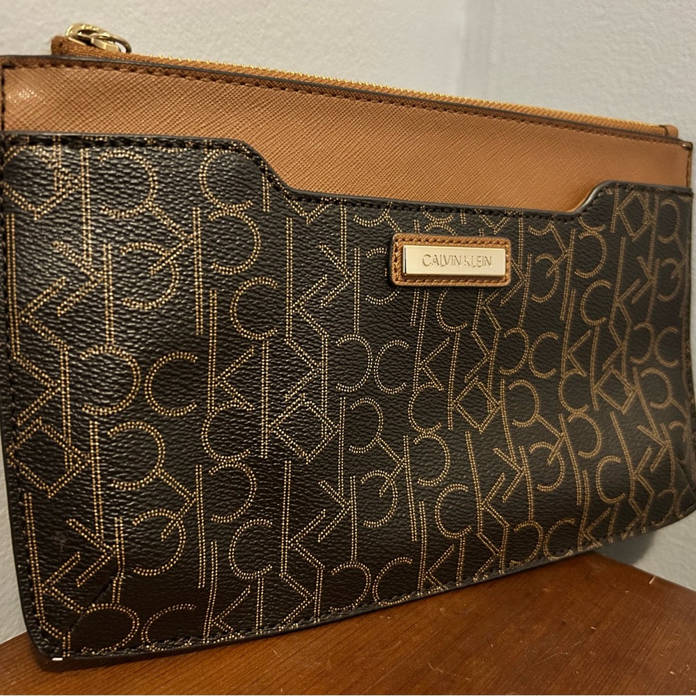 Calvin Klein Monogram Wristlet Brown Tan Logo Zip Clutch Wallet Purse